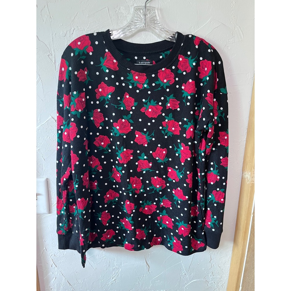 Kate Spade New York Womens Small Black Rose Polka Dot‎ Long Sleeve Pullover Top
